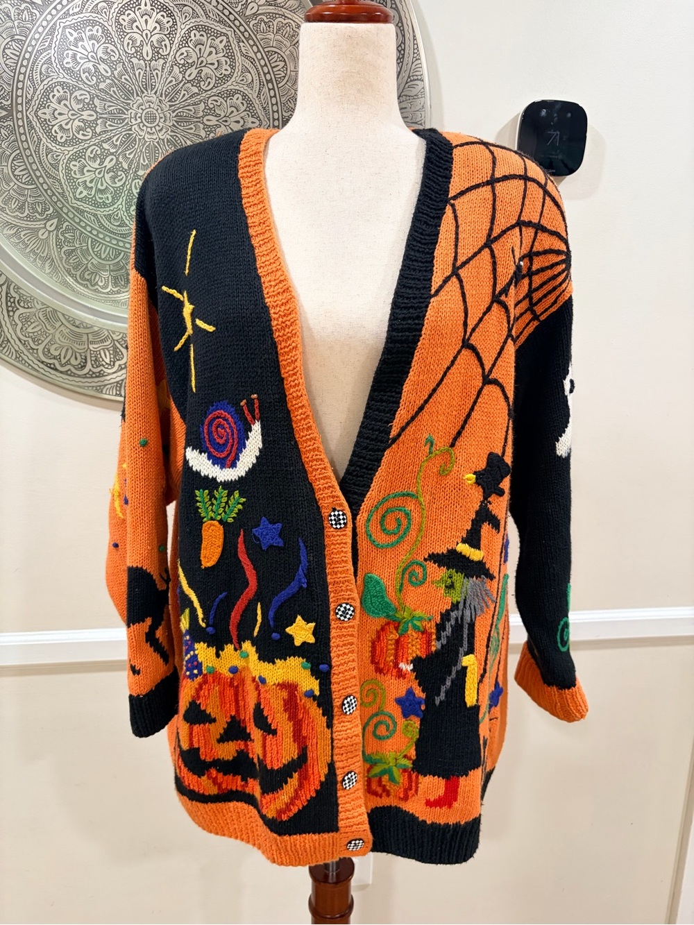 Vintage 90s Marisa Christina Hand-Knit Halloween Cardigan Sweater ~ Size 2XL